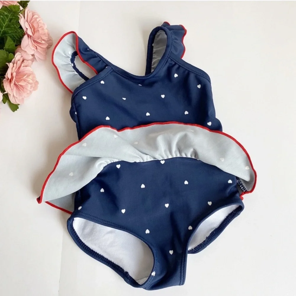 Carter's Navy Blue/ White Heart Dots Ruffle One Piece Swimsuit